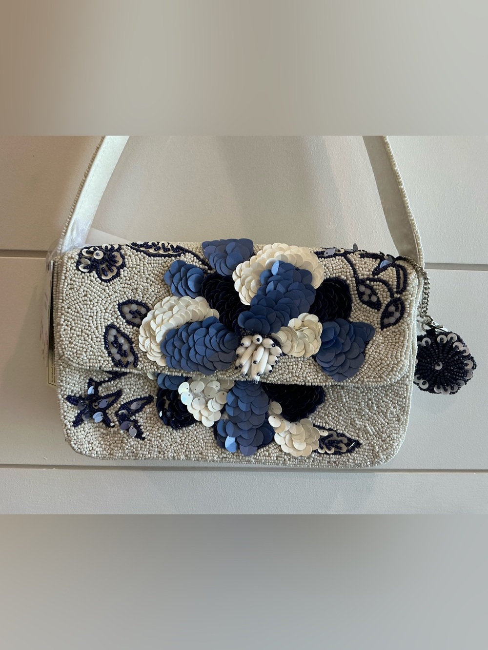 Viral Beaded Navy and Cream Floral Shoulder Bag